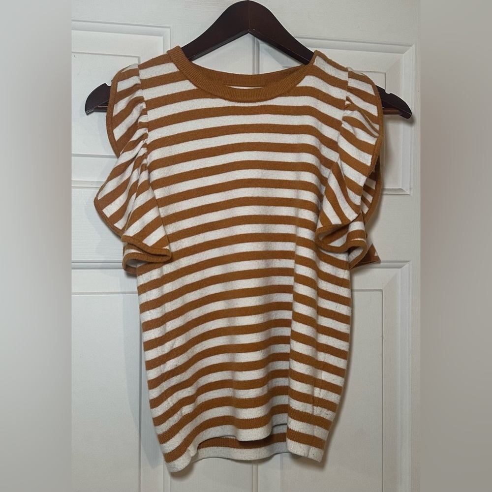 Anthropologie Sweater Womens Small‎ Brown Ivory Stripe Sleeveless Ruffle Boho.